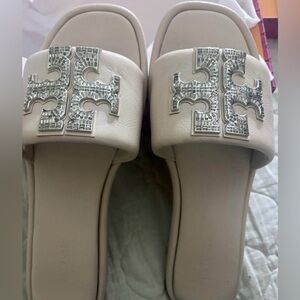 Tory Burch White Slide Sandals with Silver Accents